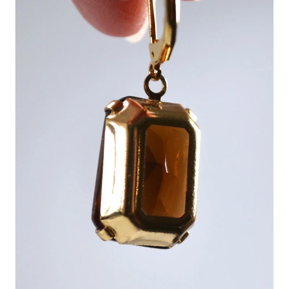 Gold Tone Dark Brown Amber Crystal Lever-back Earrings 1.5